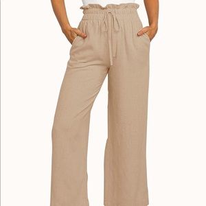 Linen Pants High-Waisted Wide-Leg Drawstring Trousers with Pockets Khaki-Medium
